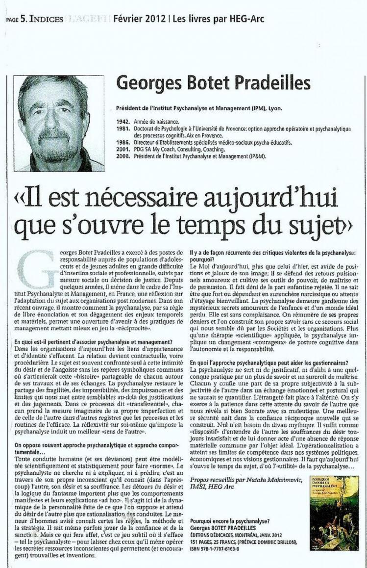 Entrevue de Georges Botet Pradeilles dans le quotidien Suisse AGEFI