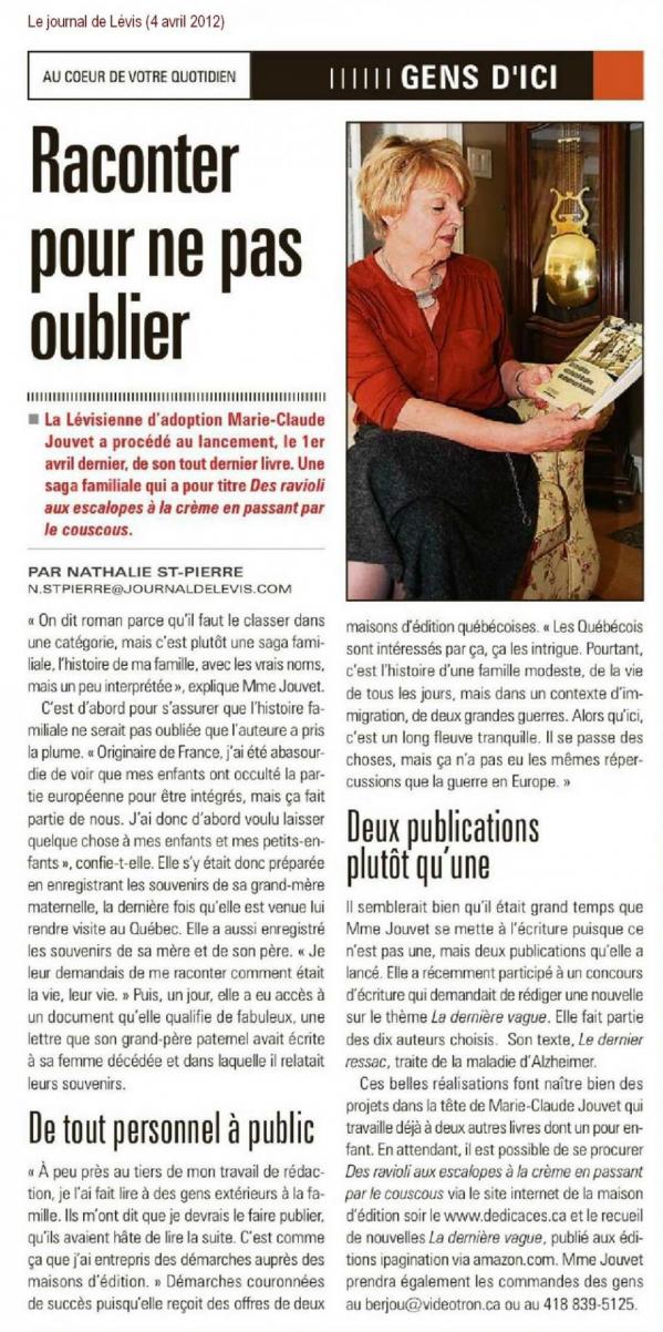 Le journal de Lévis, 4 avril 2012, page 23.