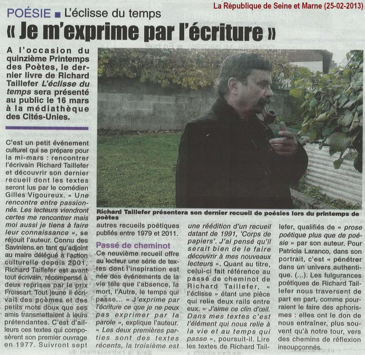 Richard Taillefer dans « La République de Seine et Marne » (25 février 2013)